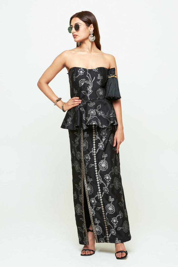 Rosa Black Brocade Peplum Skirt Set