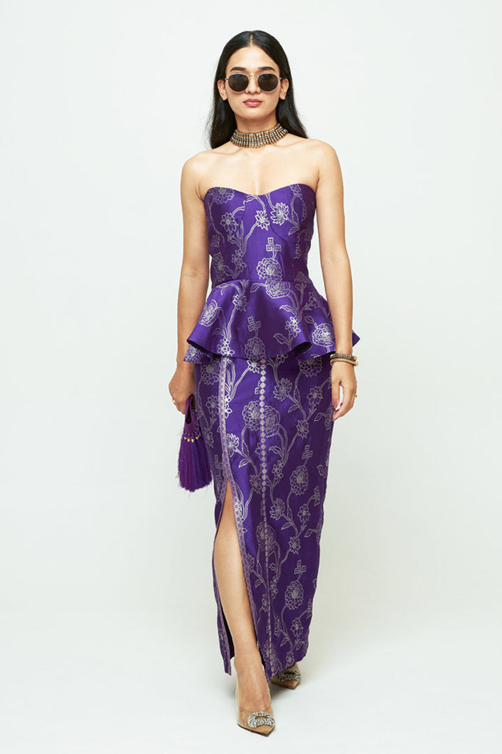 Rosa Purple Brocade Peplum Skirt Set