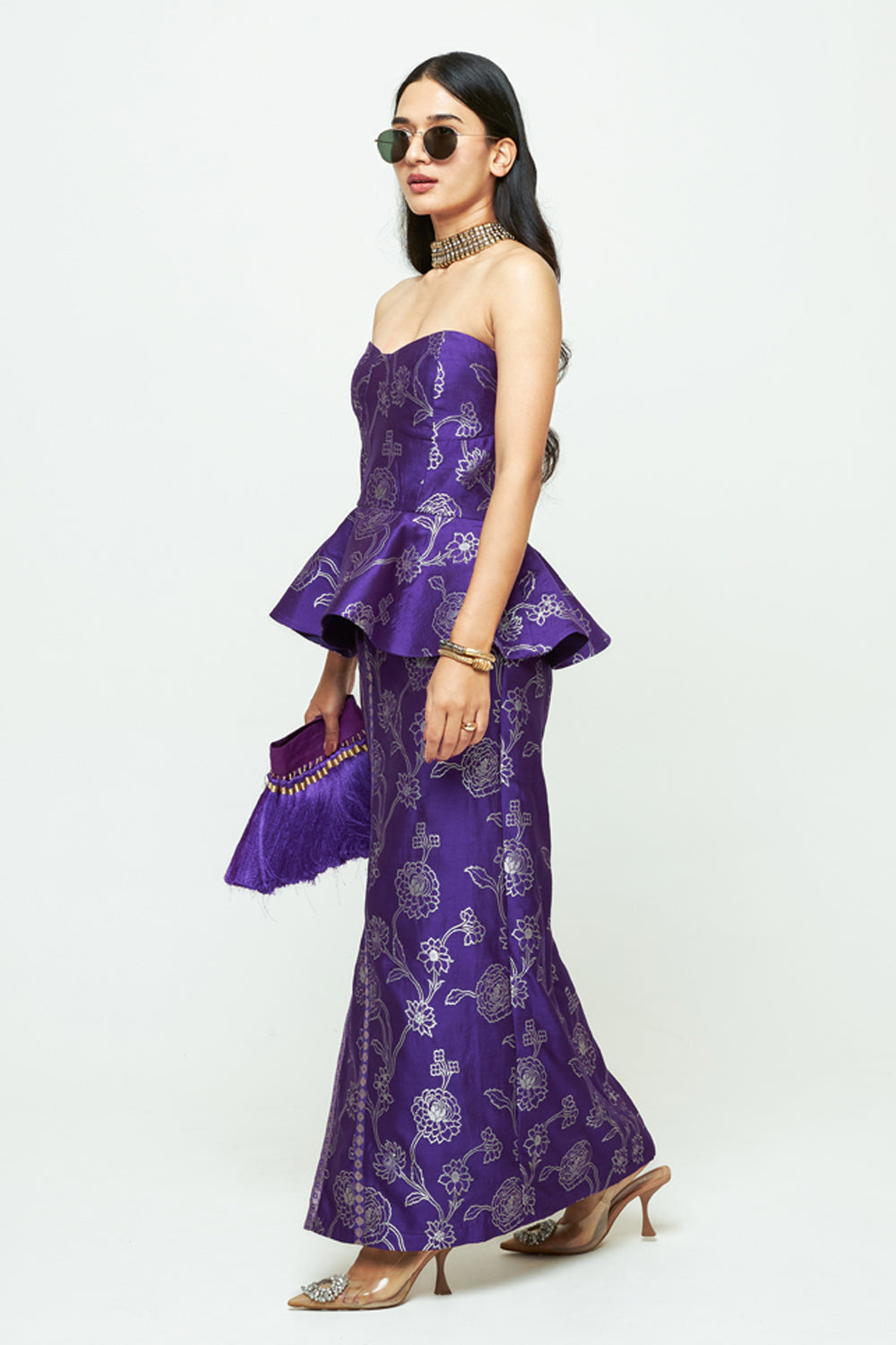 Rosa Purple Brocade Peplum Skirt Set