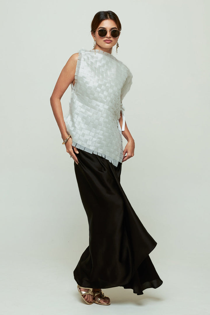 Isa Ivory Asymmetrical Textured Top Skirt Set