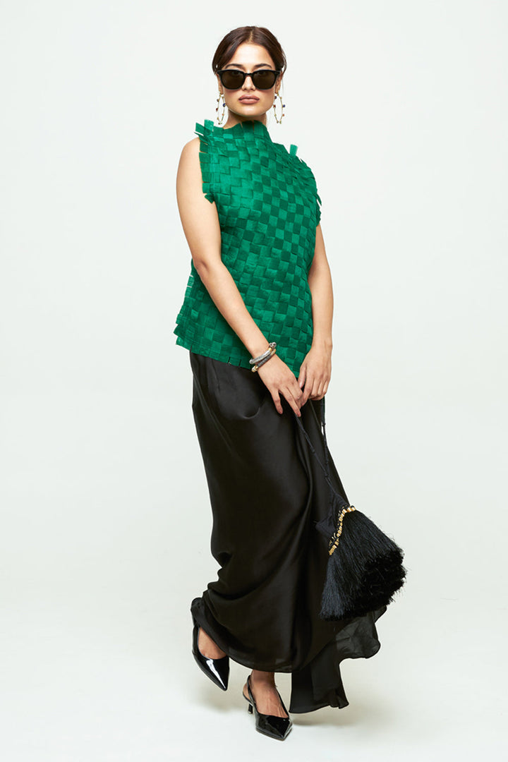 Isa Green Asymmetrical Textured Top Skirt Set