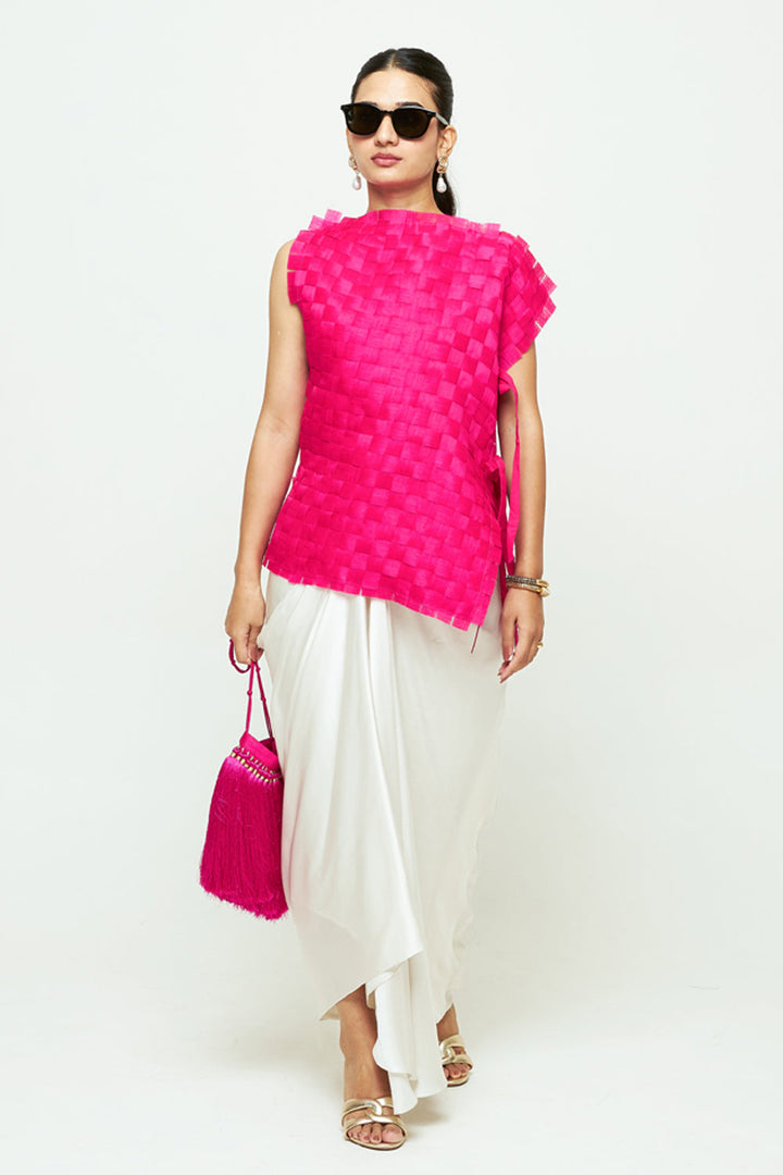 Isa Pink Asymmetrical Textured Top Skirt Set
