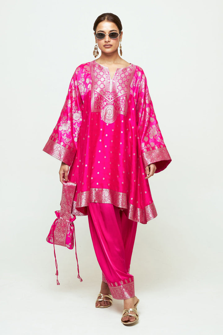 Gulnaz Pink Floral Brocade Choga Kurta With Farshi Salwar