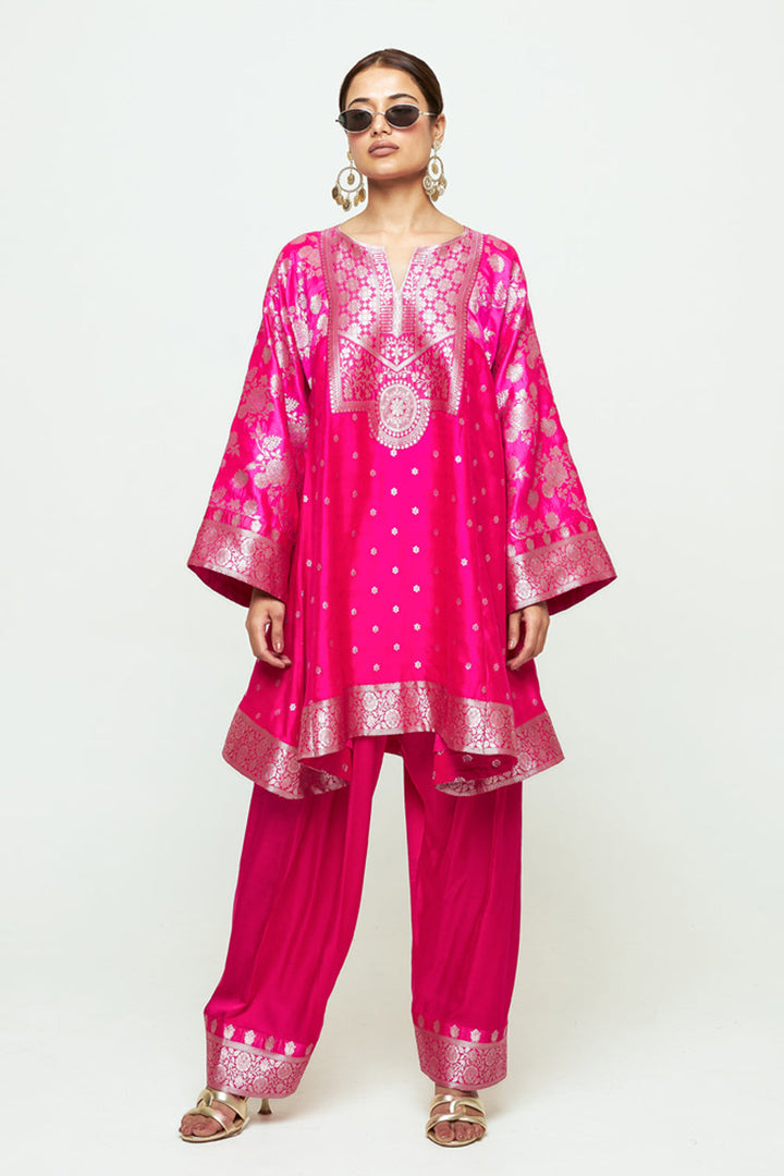 Gulnaz Pink Floral Brocade Choga Kurta With Farshi Salwar