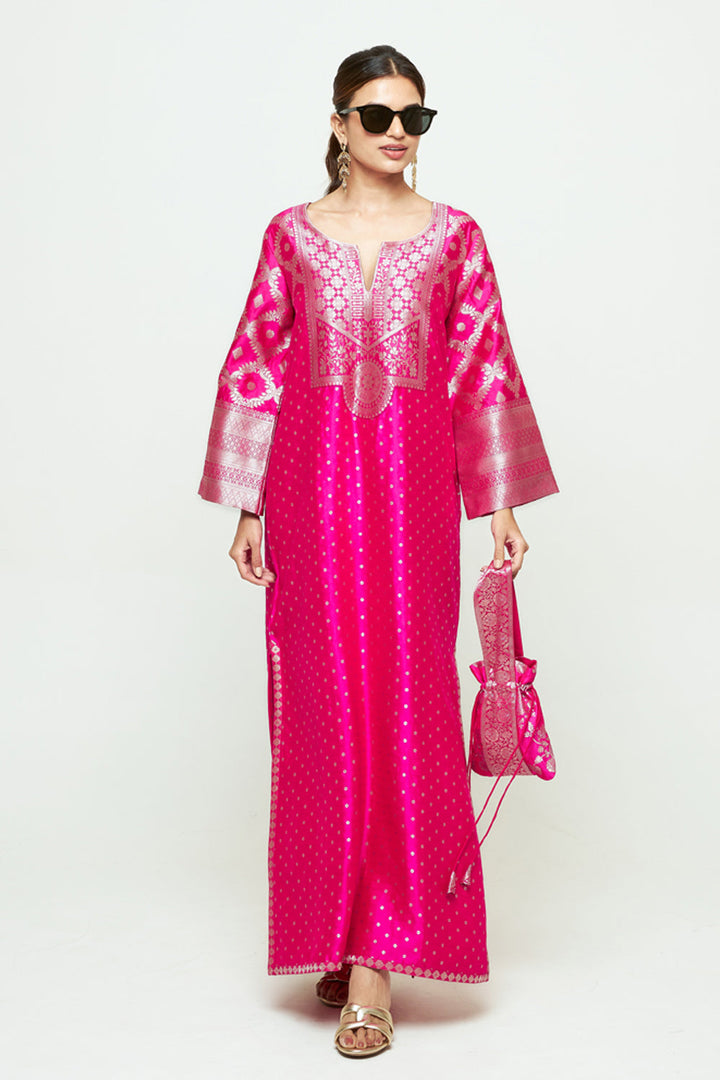 Neet Pink Statement Silk Kaftan With Brocade Detail
