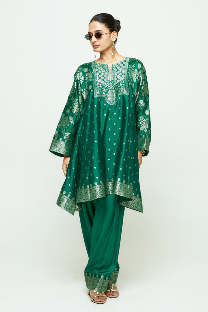 Gulnaz Green Floral Brocade Choga Kurta With Farshi Salwar