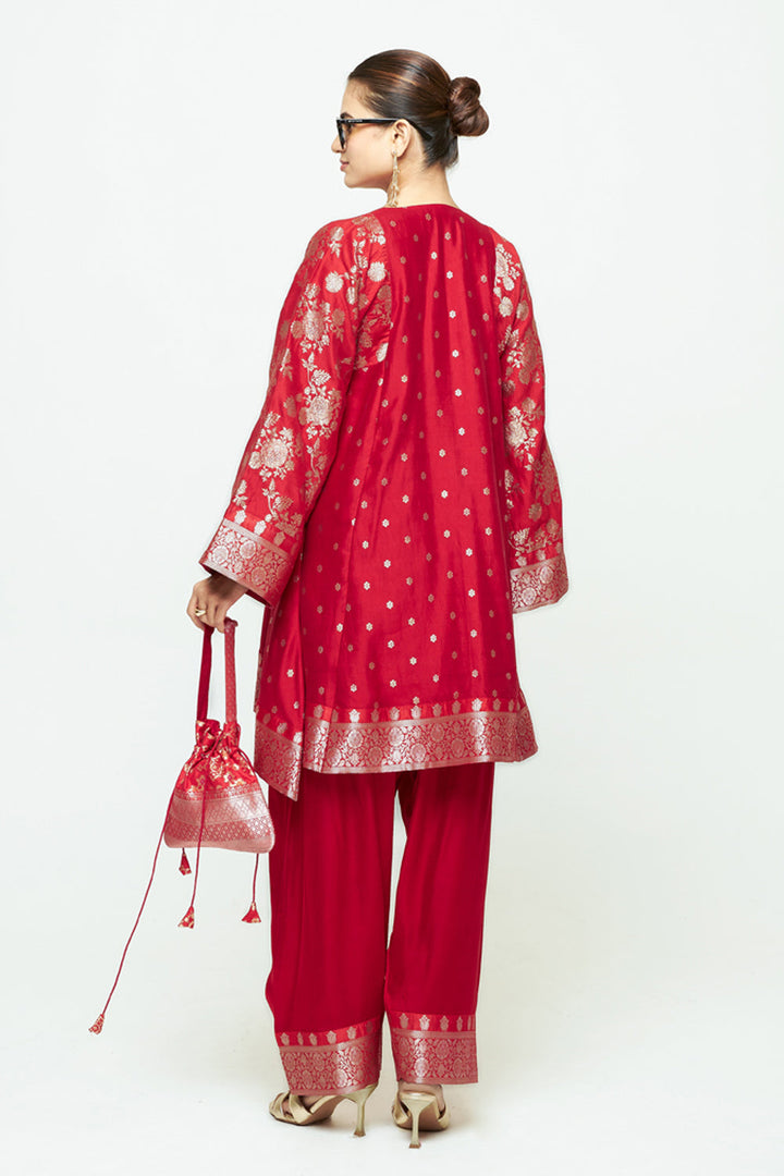 Gulnaz Red Floral Brocade Choga Kurta With Farshi Salwar