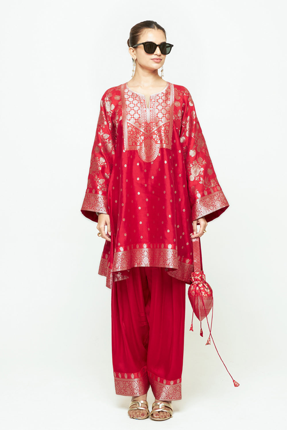 Gulnaz Red Floral Brocade Choga Kurta With Farshi Salwar