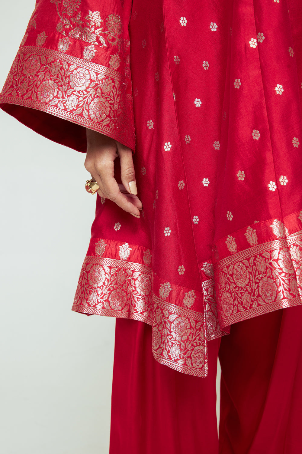 Gulnaz Red Floral Brocade Choga Kurta With Farshi Salwar