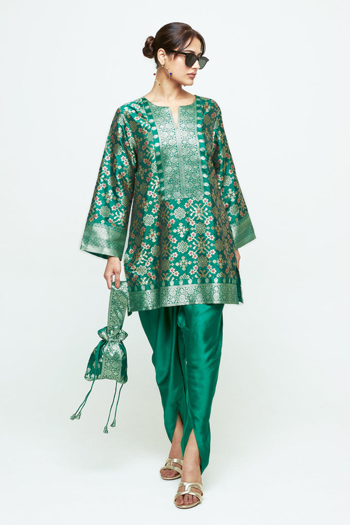 Meena Green Brocade Short Kurta With Dhoti