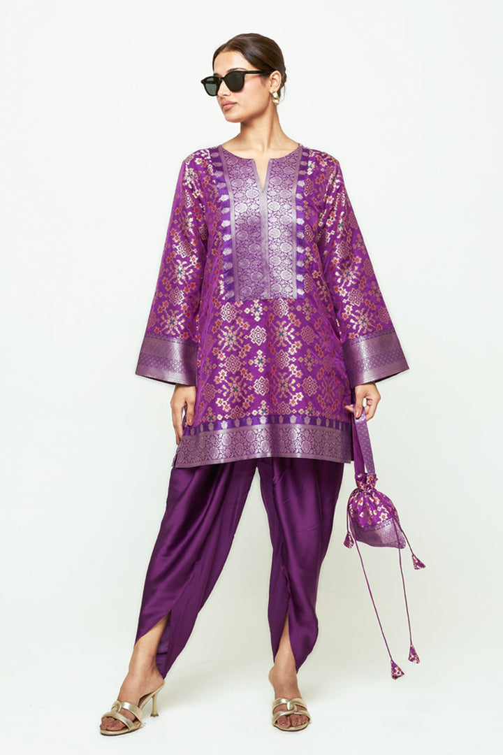 Meena Purple Brocade Short Kurta With Dhoti