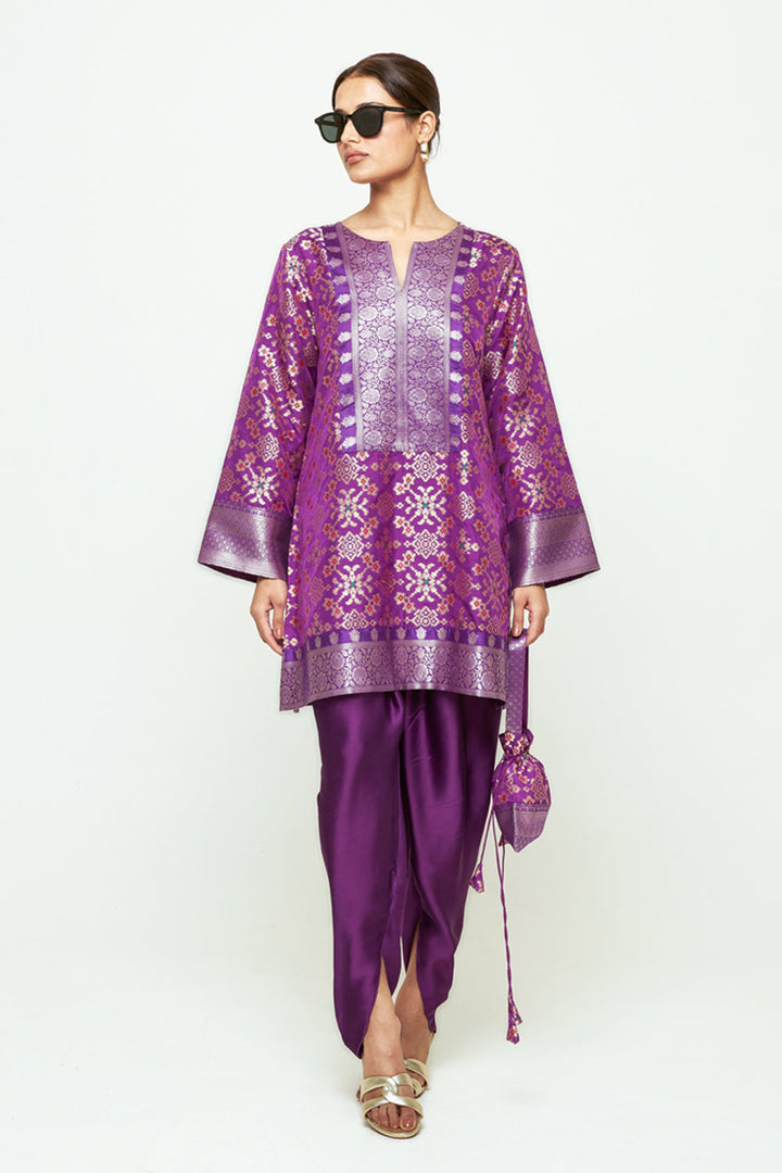 Meena Purple Brocade Short Kurta With Dhoti