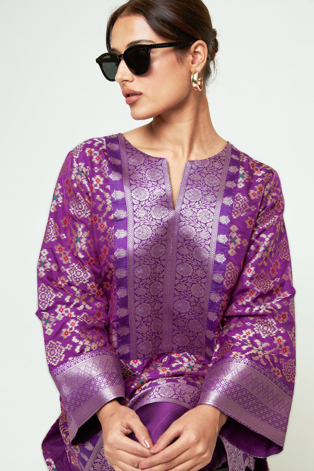 Meena Purple Brocade Short Kurta With Dhoti