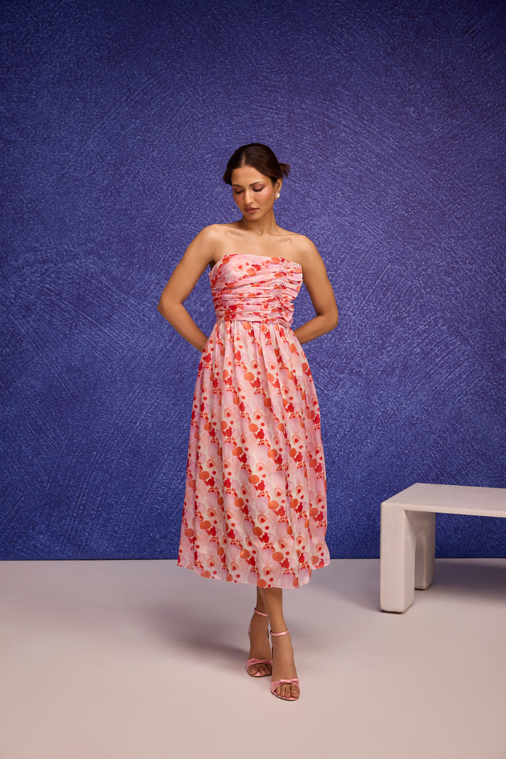Red Silk Organza Side Gather Tube Dress
