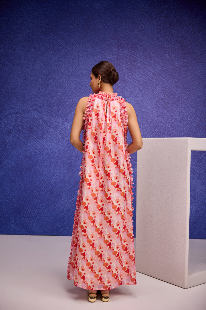 Red Silk Organza Long Dress with Ruffle Detail