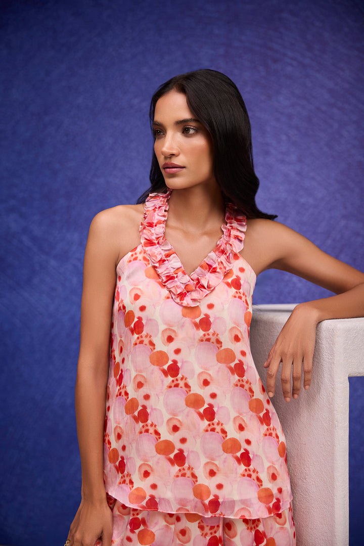 Red Silk Organza Halter Neck Top & Flared Pants