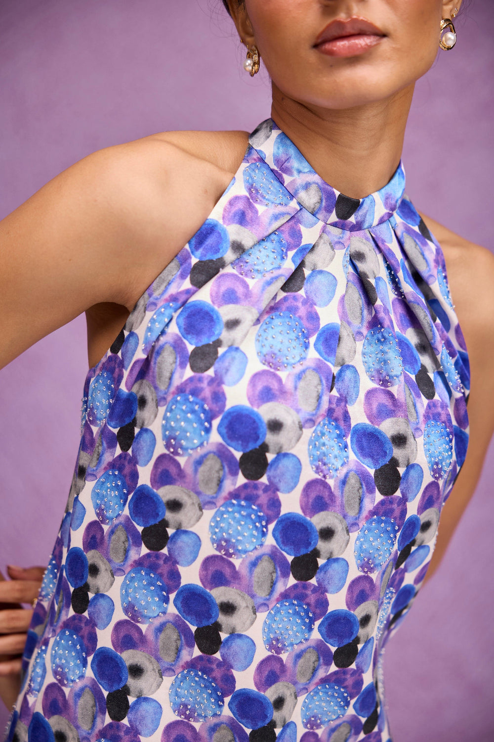 Blue Embroider Gajji Silk Halter Neck Dress
