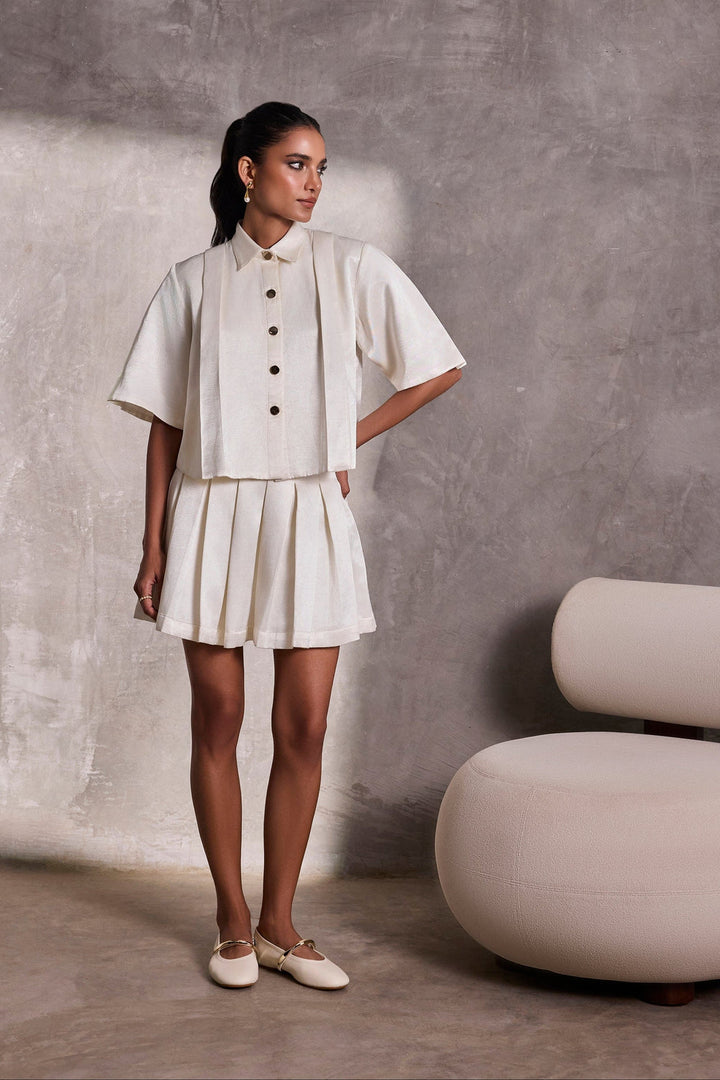 Ivory Gajji Silk Boxy Top & Box Pleat Short Skirt