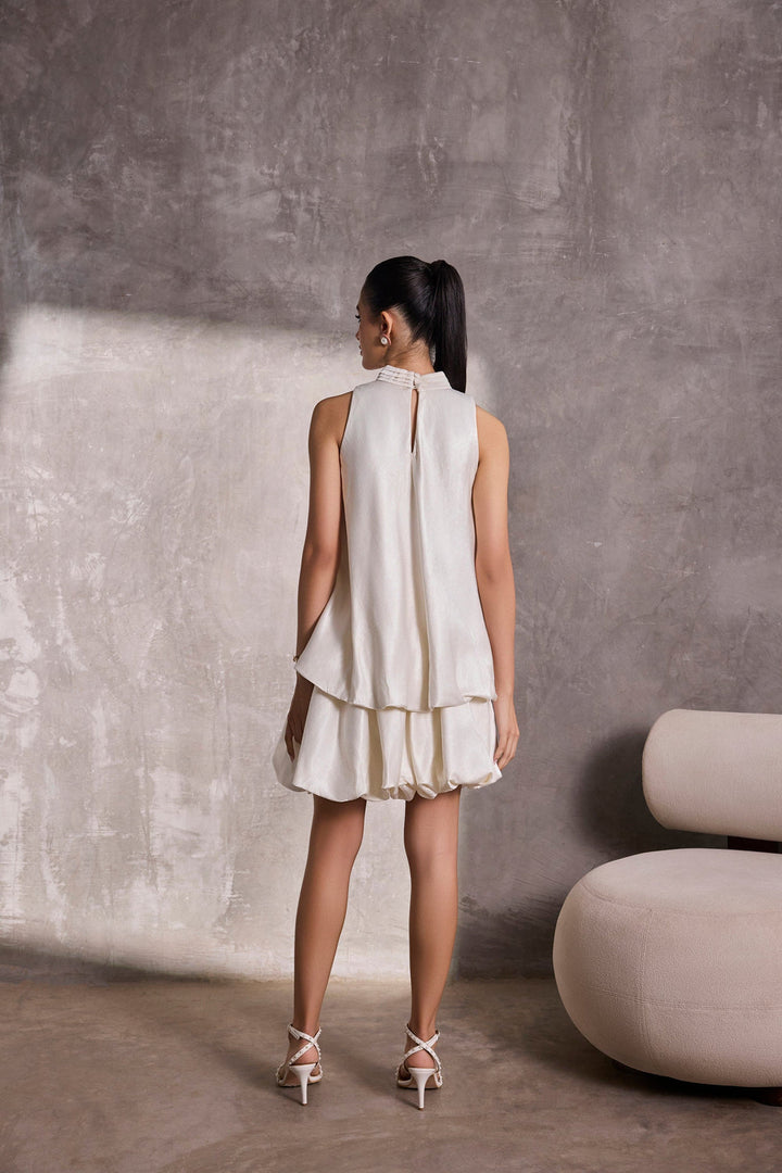 Ivory Gajji Silk Bubble Hem Halter Top & Mini Bubble Skirt