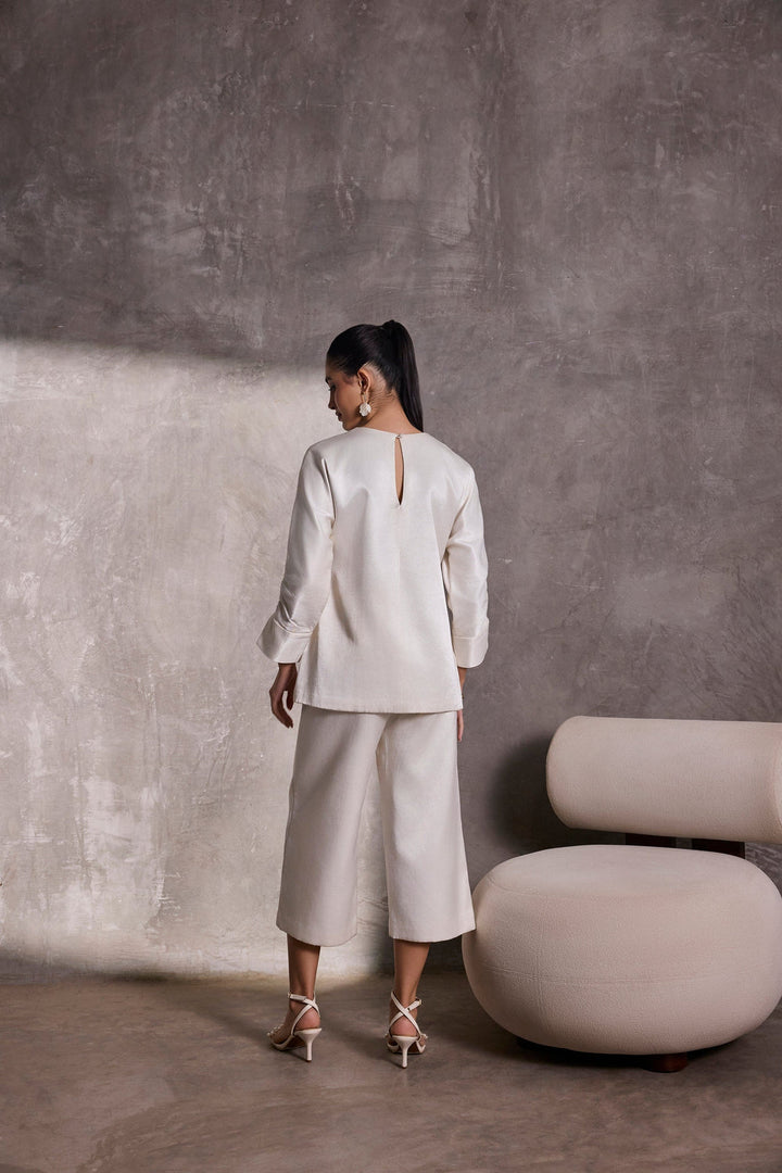 Ivory Gajji Silk Belted Top with Ruched Sleeves & Gaucho Pants