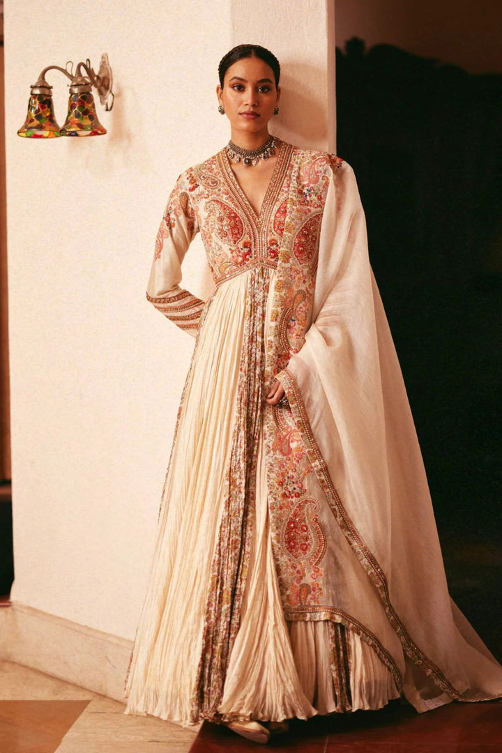 Crushed Kalidar With Printed Panels And Dupatta