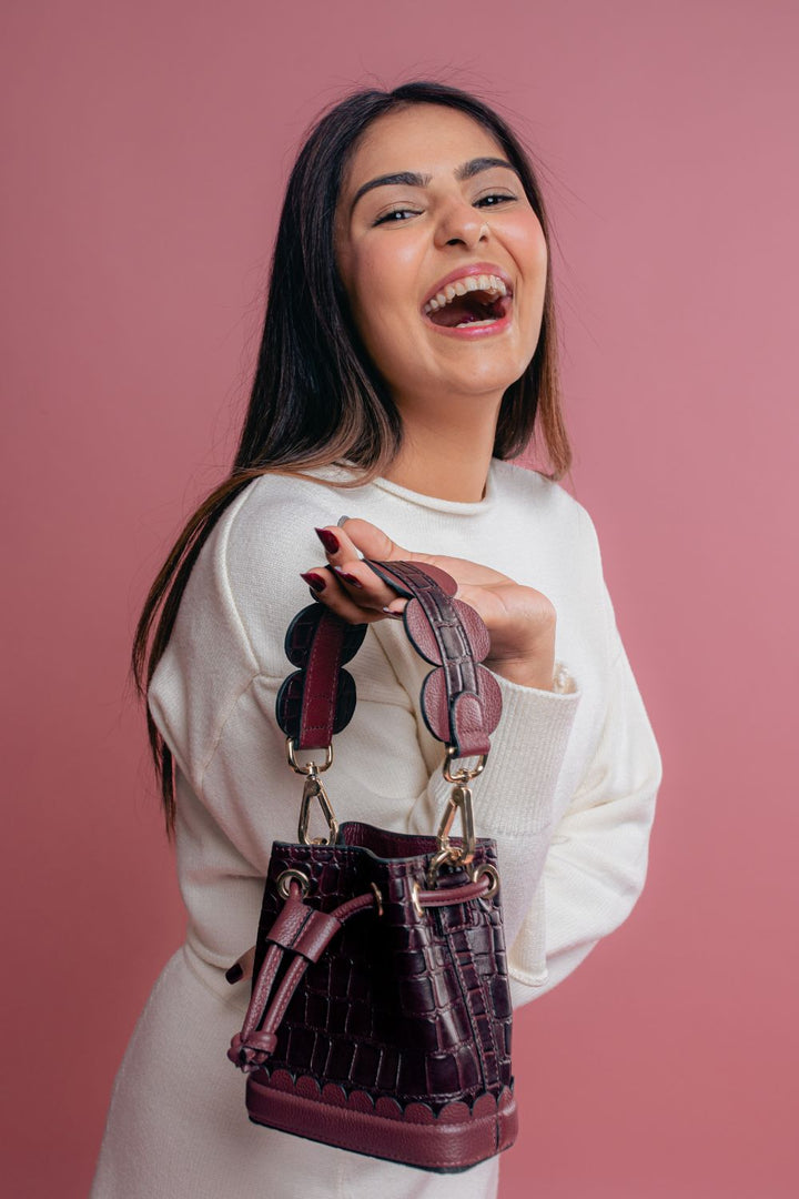 Burgundy Bucket Bag With Scallop Top Handle And Thin Strap