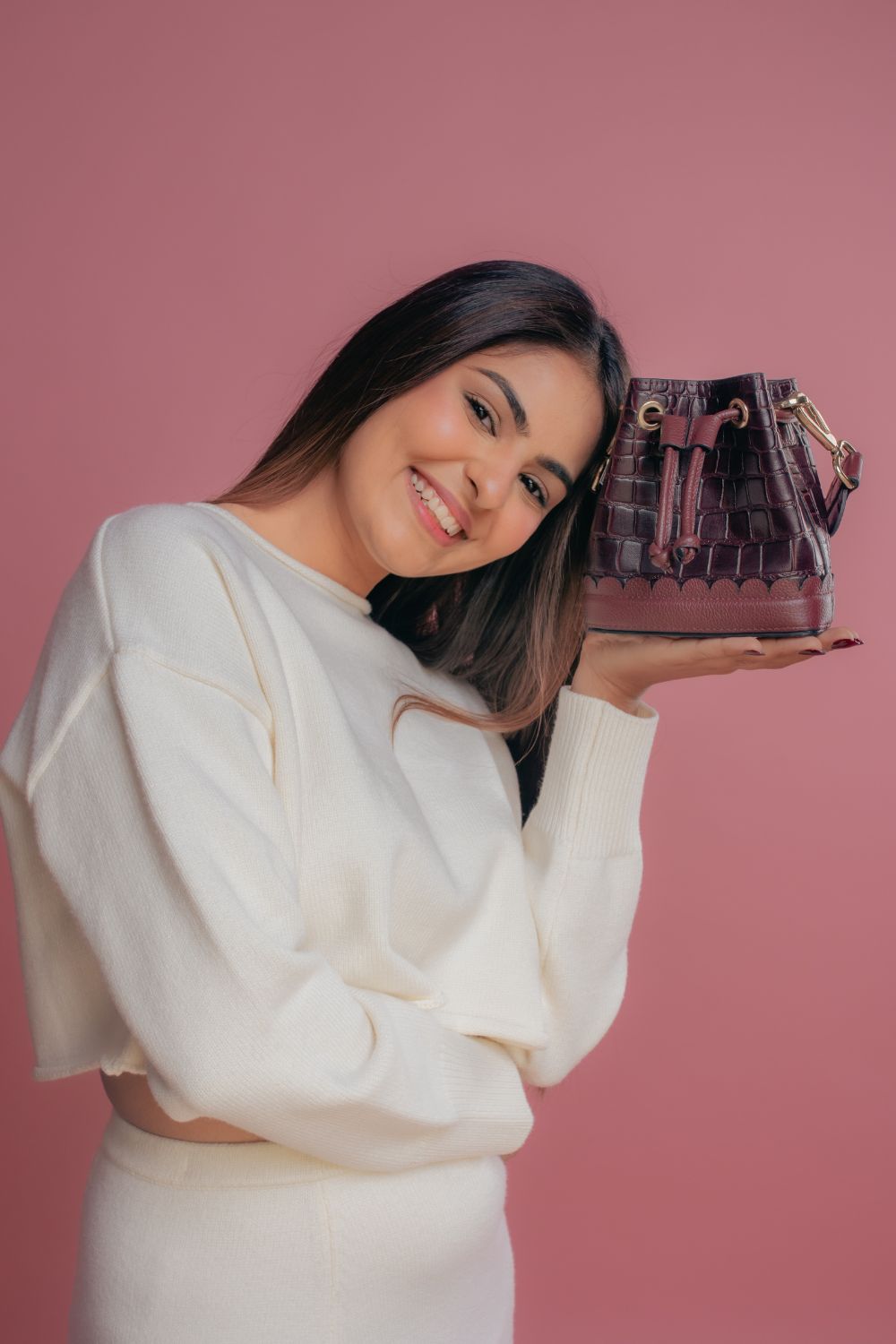 Burgundy Bucket Bag With Scallop Top Handle And Thin Strap