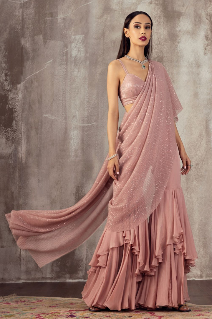 Baby Pink Draped Saree Sharara Set