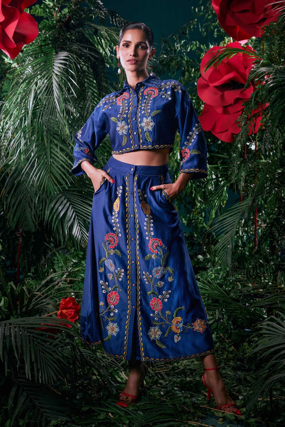 Indigo Floral Embroidered Crop Shirt