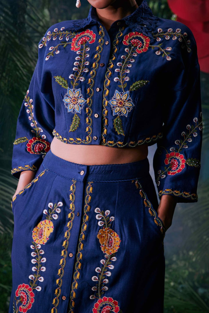 Indigo Floral Embroidered Crop Shirt