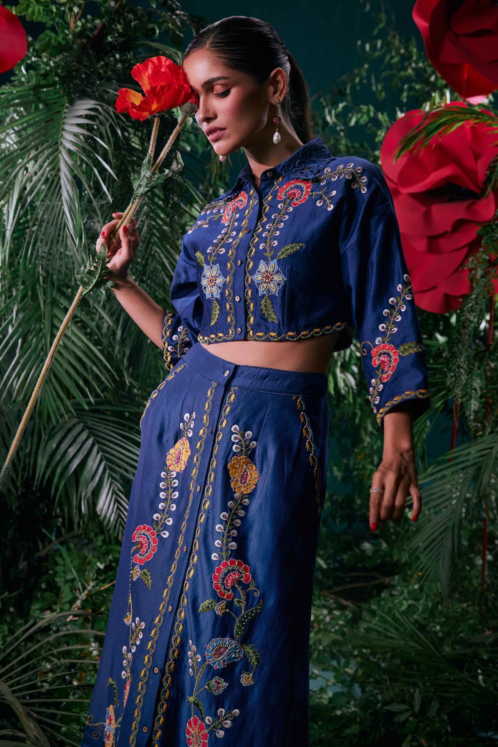 Indigo Floral Embroidered Skirt