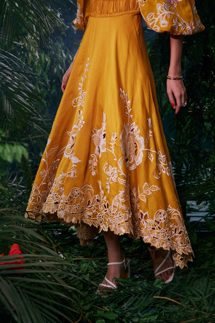 Yellow Contrast Cutwork Ruched Dress