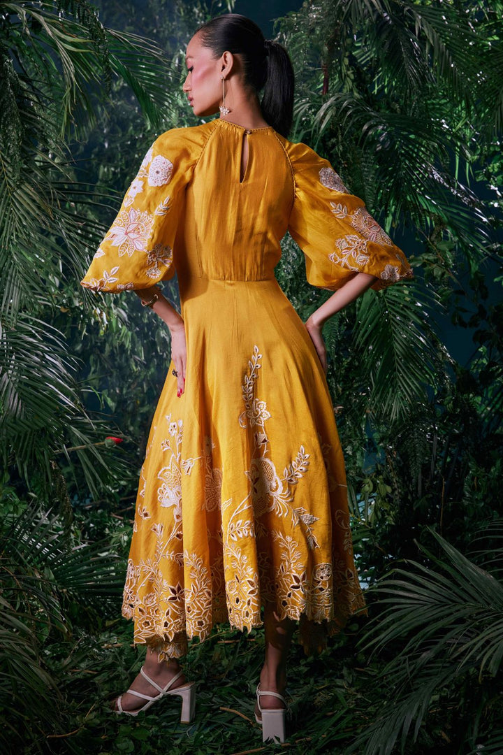 Yellow Contrast Cutwork Ruched Dress