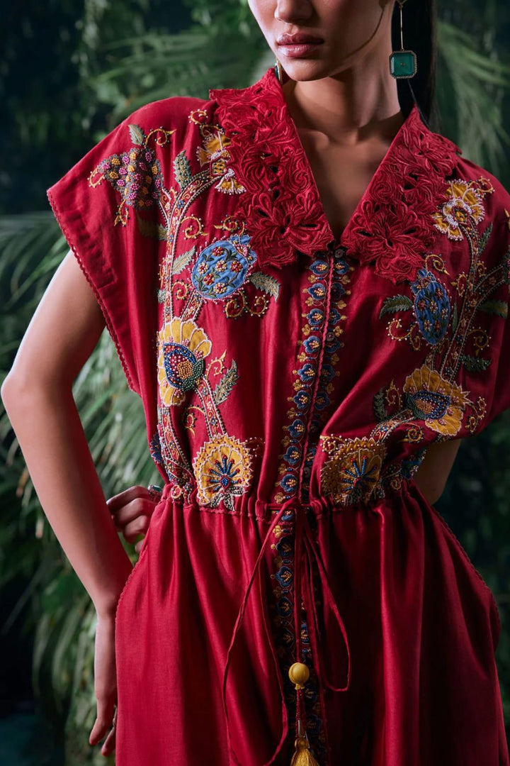 Red Floral Embroidered Shirt Dress