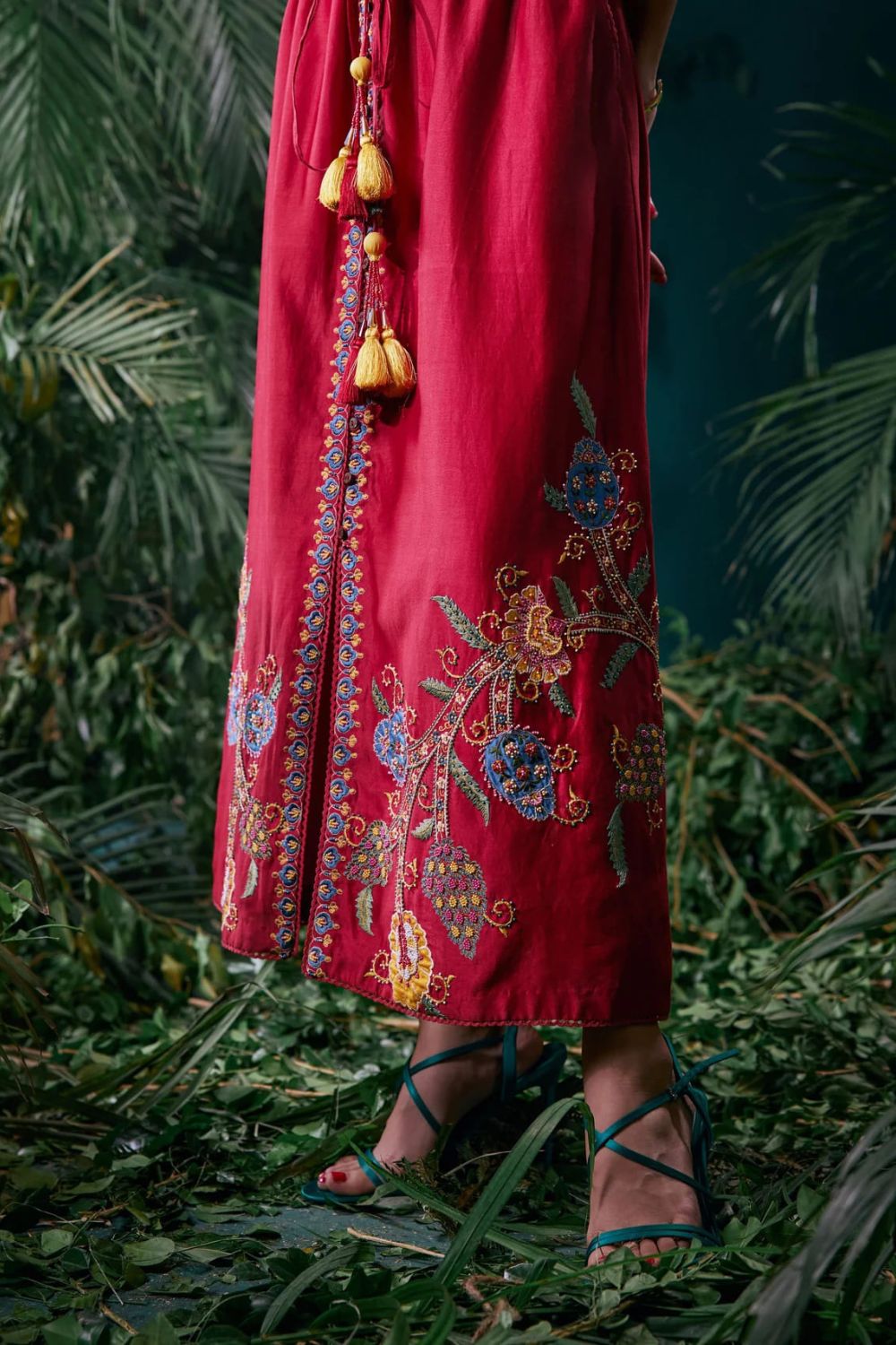 Red Floral Embroidered Shirt Dress