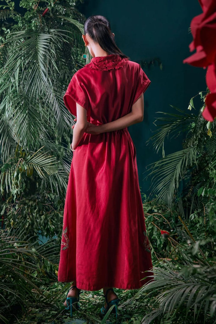 Red Floral Embroidered Shirt Dress