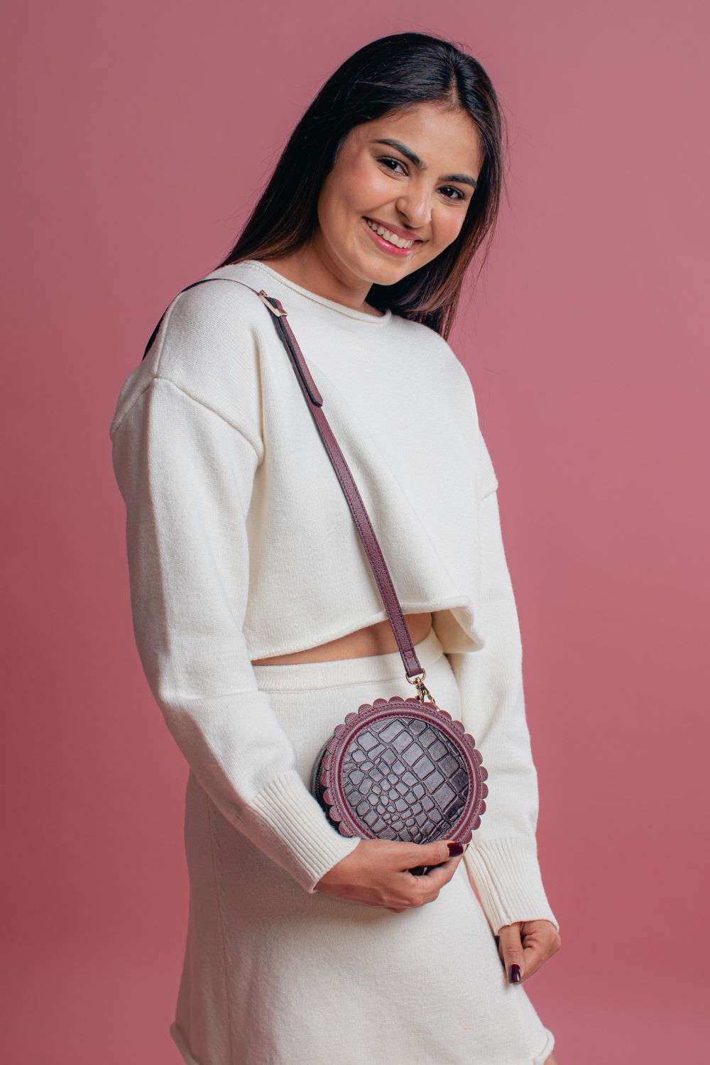 Burgundy Round Bag With Scallop Top Handle And Thin Strap Belt Strap