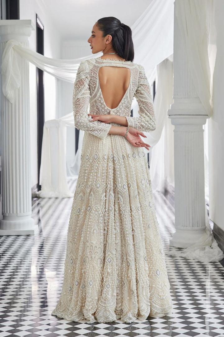 Ivory Pearl & Stone Embellished Jacket Gown Set