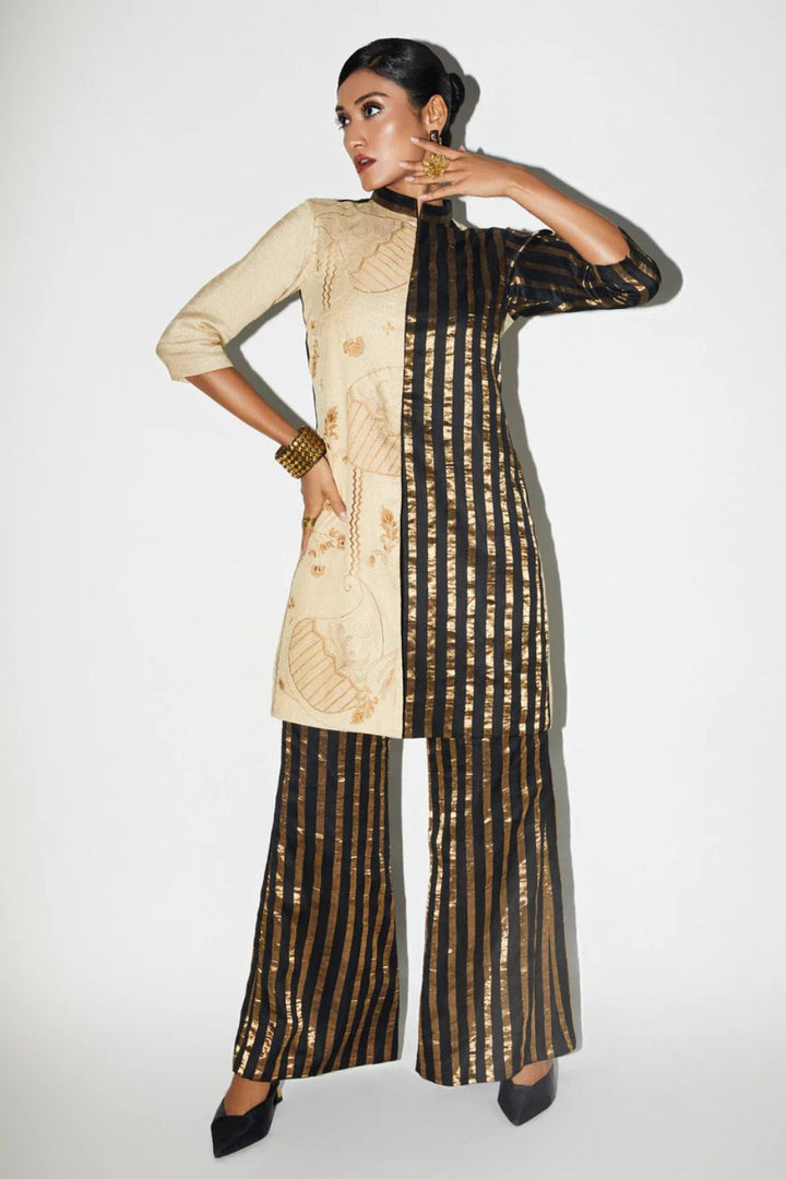 Black & Gold Embroidered Silk Long Jacket Pant Set