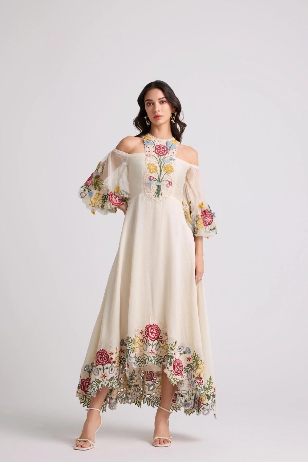 Ivory 3D Floral Applique and Threadwork Dress