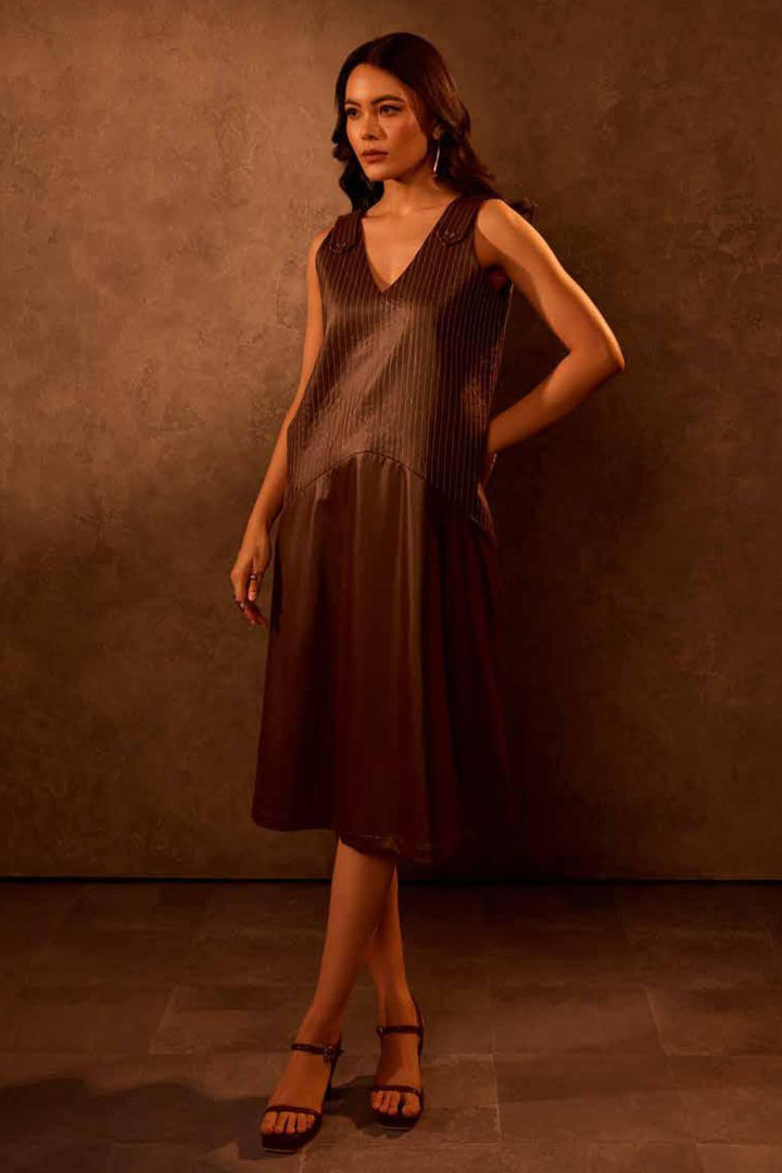 Mocha Faux Leather Trapese Dress with Stitch Detail