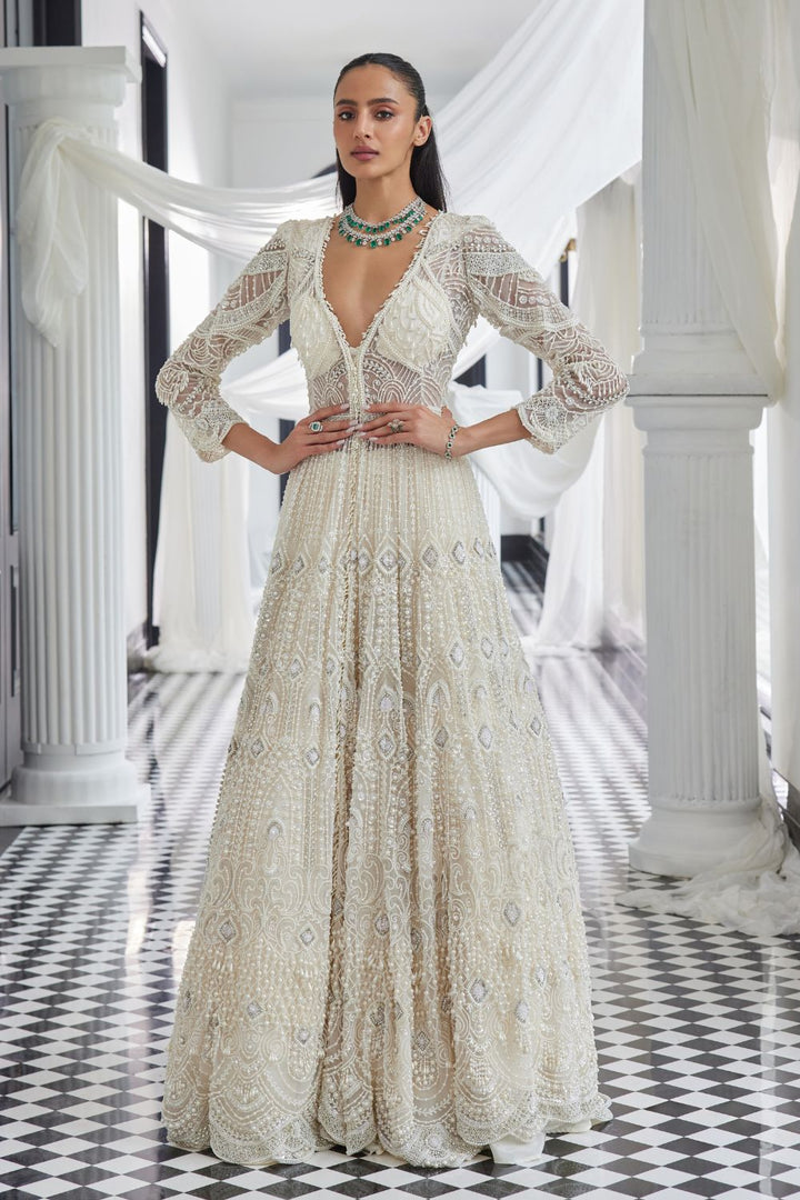 Ivory Pearl & Stone Embellished Jacket Gown Set