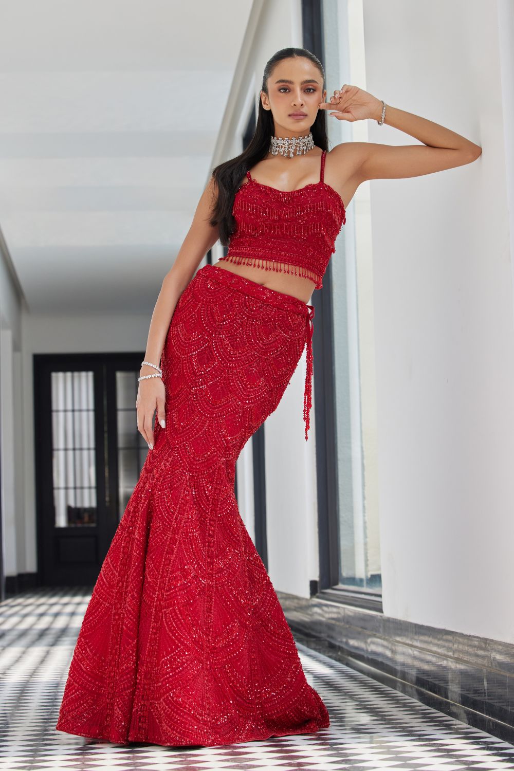 Red on Red Fish Cut Lehenga with a Short Jacket