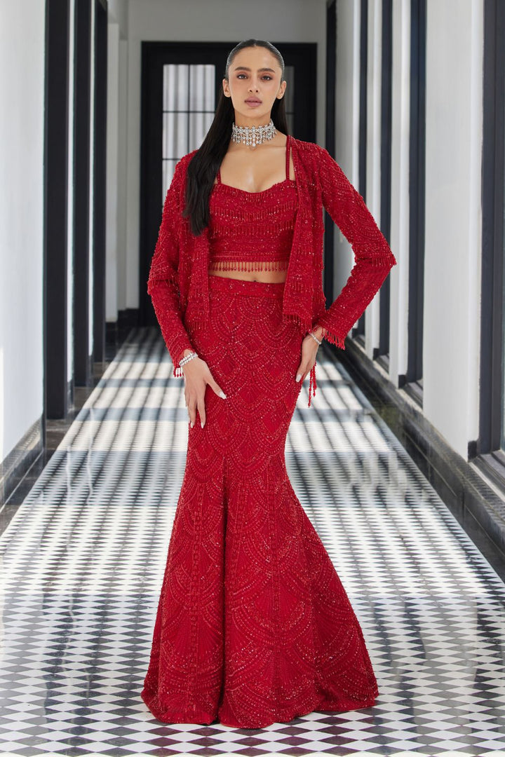 Red on Red Fish Cut Lehenga with a Short Jacket