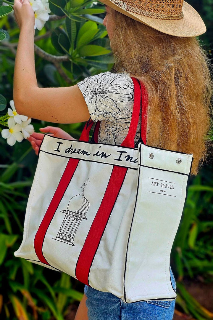 The India Tote - The Mughal Vista & the Snake in the Frangipani (Poppy Red)