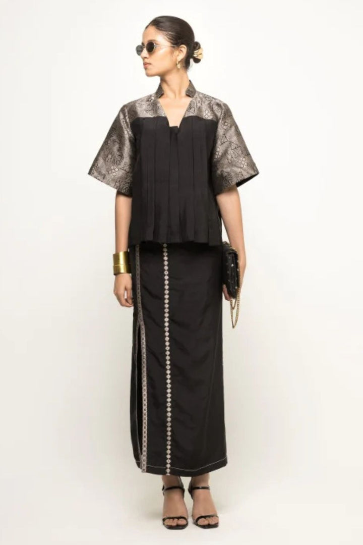 Suri-Brocade detail box pleated Silk Top with Skirt set (Black)