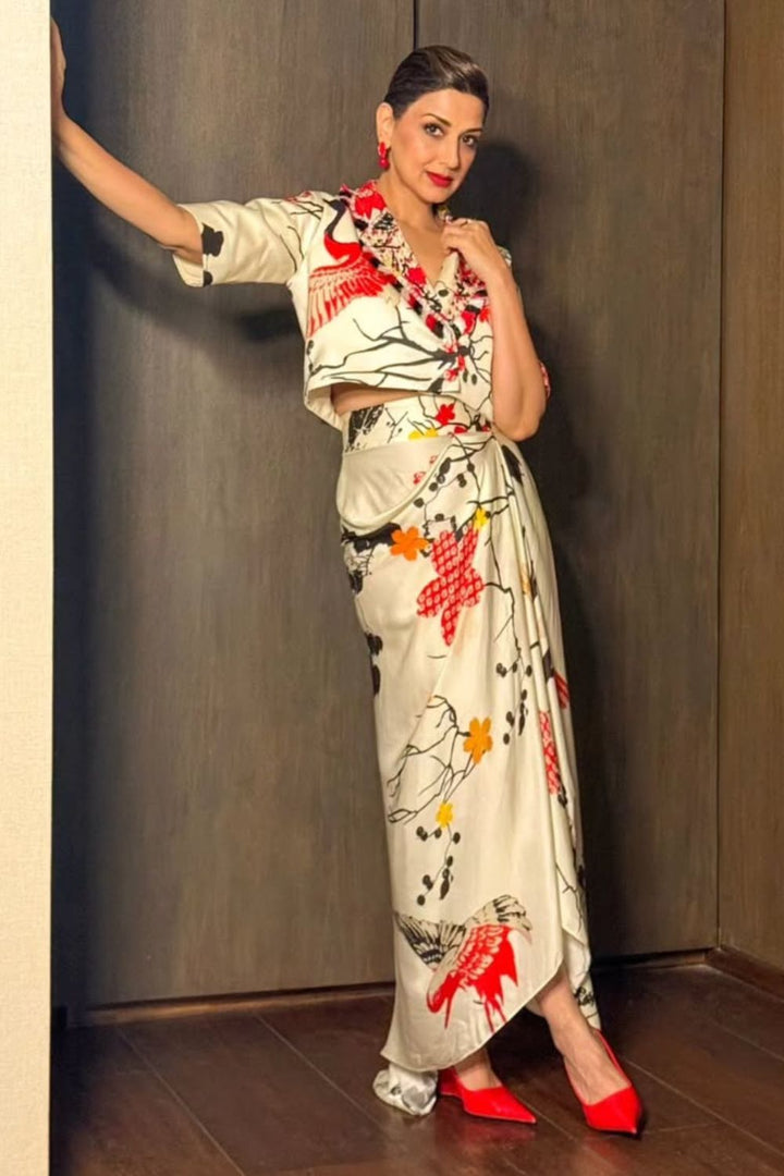 Sonali Bendre In Our Red Crane  Blazer & Draped Skirt Co-ord