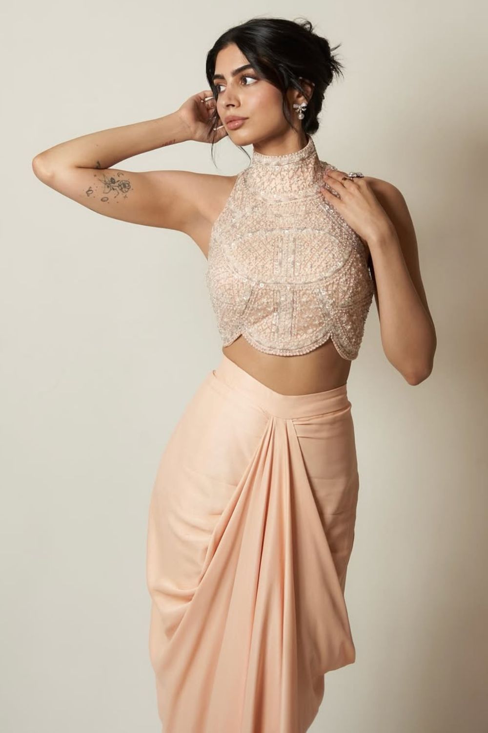 Khushi Kapoor In Our Pastel Pink Blouse & Drape Skirt Set