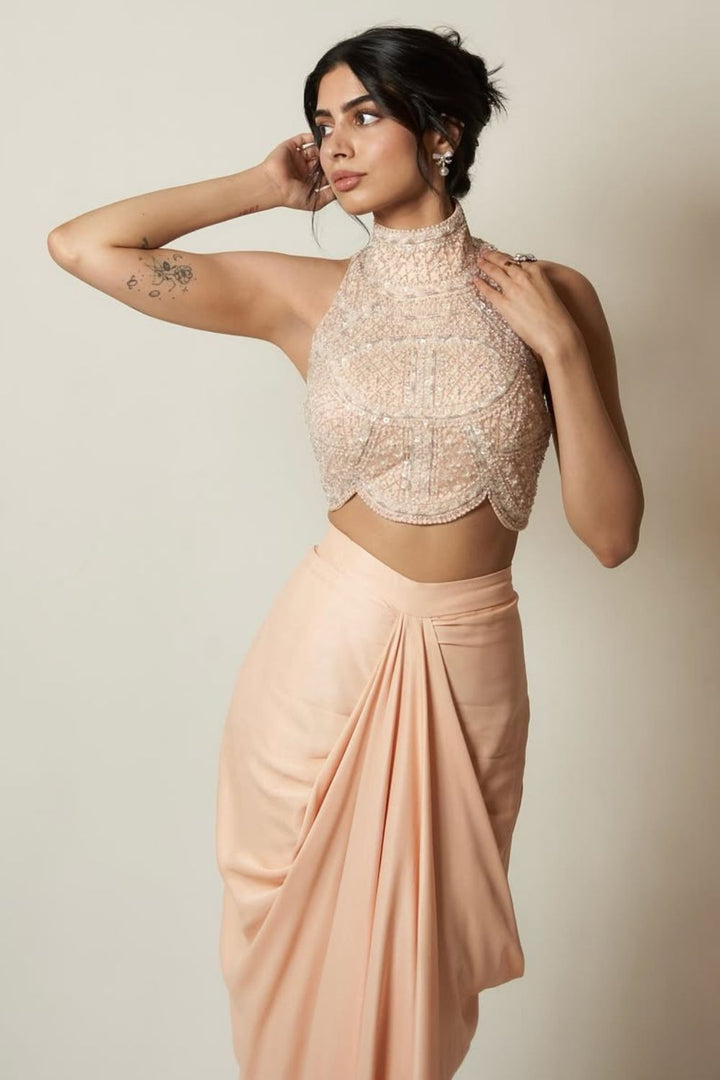 Khushi Kapoor In Our Pastel Pink Blouse & Drape Skirt Set