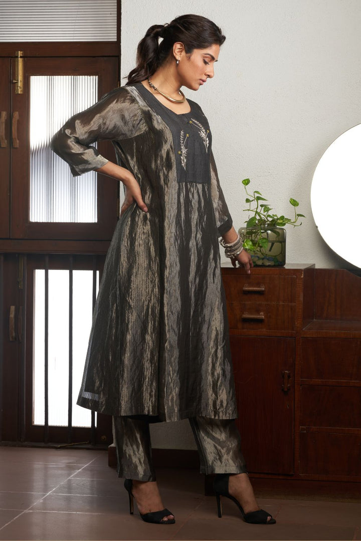 Charcoal Straight Silk Tussar Kurta with Linen Pants